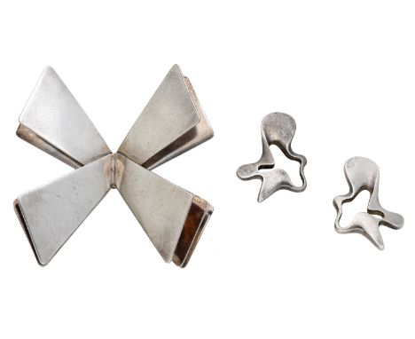 A Danish silver brooch and a pair of silver ear clips by Georg Jensen, the brooch of fanned cross form, designed by Nanna & J