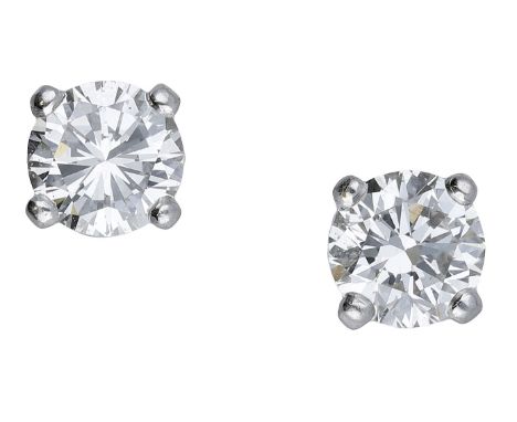A pair of diamond ear studs, each brilliant-cut diamond in a four-claw setting, total diamond weight approximately 1.50 carat