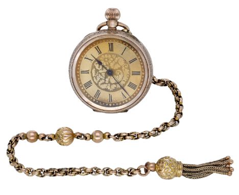 Swiss. A gold open-faced keyless watch with chain, circa 1900. Movement: cylinder escapement. Dial: gilt, engine-turned chapt