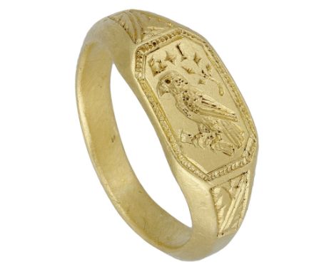 A fine 15th century gold seal ring, the stretched octagonal flat bezel engraved with a Popinjay or Parrot perched on a branch