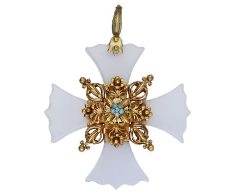A Maltese cross pendant, circa 1830, the polished chalcedony cross centred with a gold mount of pierced floral design, with a