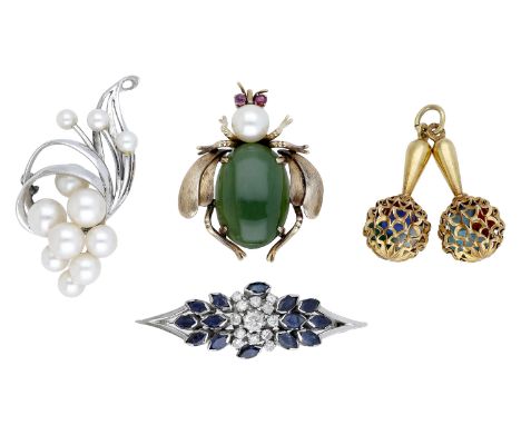 A small collection of gem-set jewellery, comprising an insect brooch set with a nephrite abdomen, cultured pearl head and rub