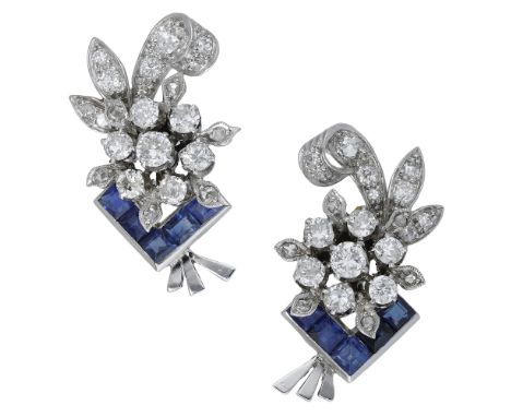 A pair of sapphire and diamond earrings, circa 1950, the foliate sprays set throughout with old brilliant and rose-cut diamon