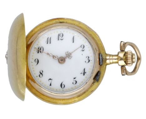 Swiss. A small lady’s gold and diamond-set hunting cased keyless watch, circa 1910. Movement: cylinder escapement, 10 jewels.