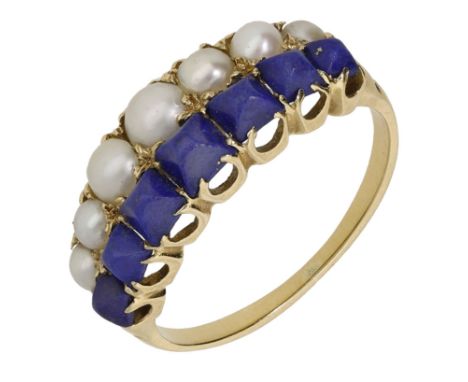 A 19th century pearl and lapis lazuli dress ring, set with a graduated row of half-pearls and sugarloaf-cut lapis lazuli, mou