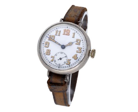 Swiss. A silver trench watch, circa 1915. Movement: manual winding, lever escapement. Dial: white enamel, Arabic numerals, su