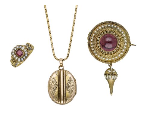 A small collection of 19th century jewellery, including a  cabochon garnet set brooch with white enamel decoration and elonga