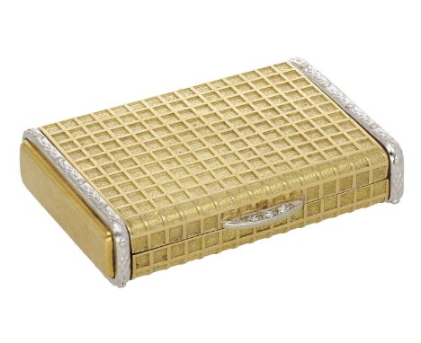 A two colour gold snuff box, decorated throughout with square latticework, against a textured ground, between lozenge and bea