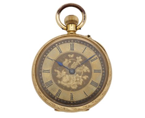 Swiss. Retailed by C. E. Court, Ulverston. A gold open-faced keyless watch, circa 1890. Movement: gilded three quarter plate,