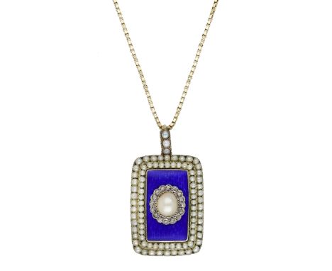 A late 18th century enamel, pearl and diamond set pendant, the rectangular-shaped pendant with blue guilloché enamel ground a