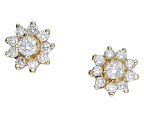 A pair of diamond cluster ear studs, each designed as flowerhead cluster and set throughout with brilliant-cut diamonds, tota