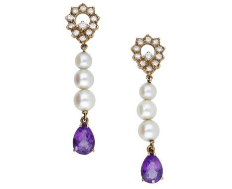 A pair of interchangeable diamond, cultured pearl and amethyst ear pendants, the brilliant-cut diamond surmounts with post fi
