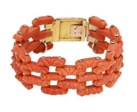 A 19th century coral bracelet, comprised of articulated carved Corallium rubrum links, gold clasp, Continental marks to clasp