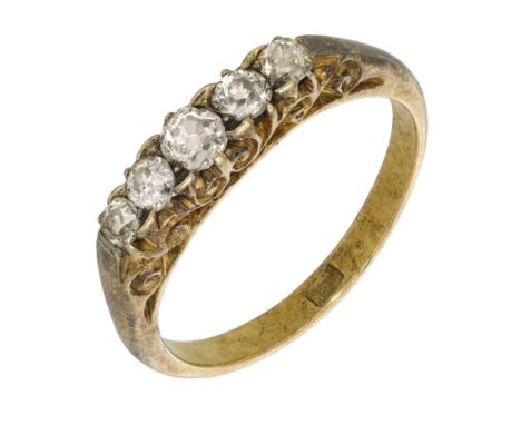 A 19th century five stone diamond ring, set with graduated old brilliant-cut diamonds, stamped ‘18’, gold mounted, total diam