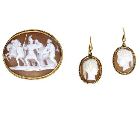 A Victorian shell cameo brooch and a pair of shell cameo ear pendants, the oval brooch depicting a scene from Homer’s Iliad, 