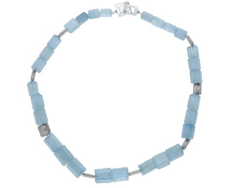 An aquamarine necklace, the aquamarine hexagonal crystal beads spaced by silver discs with satin finish, the clasp stamped ‘A