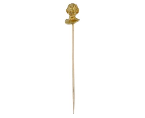 A cast gold stickpin by Wièse, French, late 19th century, modelled as the head of the ancient Greek god Pan, with bloomed fin