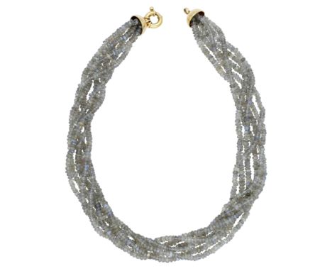 A labradorite bead necklace, the multi-strand labradorite torsade with capped terminals and bolt ring clasp, stamped ‘750’, l