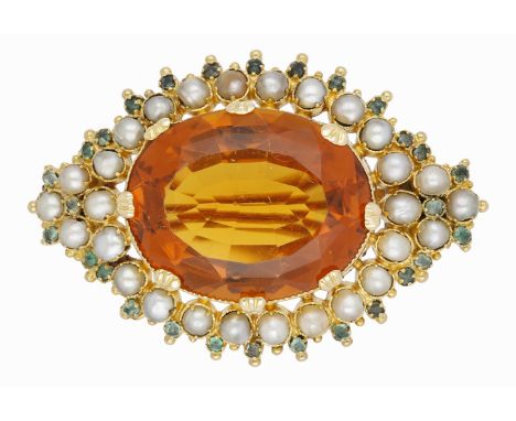 A late 19th century citrine, emerald and pearl brooch, the orange oval mixed-cut citrine within a surround of half pearls, wi