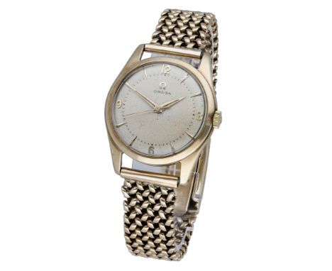 Omega. A gold wristwatch, circa 1955. Movement: cal. 420, manual winding, 17 jewels, no. 15089548. Dial: silvered, applied Ar