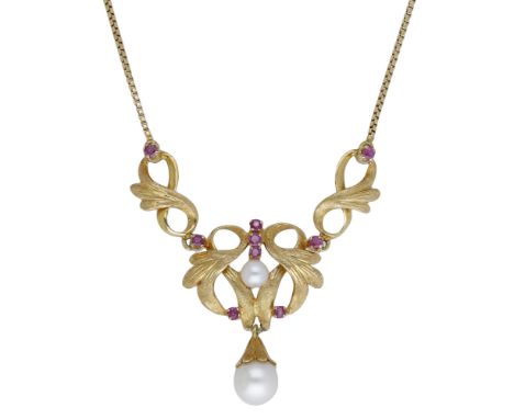 A gem-set necklace, circa 1968, the scrolled foliate frontispiece with circular-cut pink sapphire highlights and a central cu