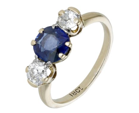 A sapphire and diamond three stone ring, set with a circular-cut sapphire with an old brilliant-cut diamond to either side, s