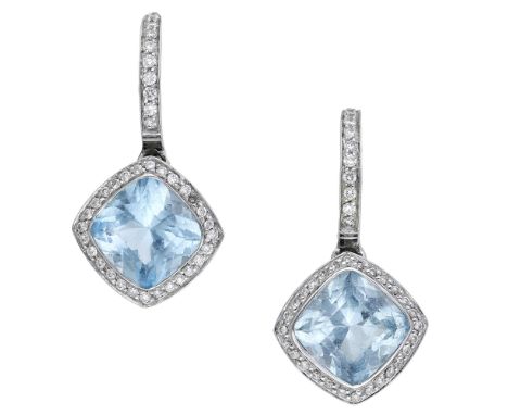 A pair of 18ct white gold aquamarine and diamond ear pendants by Asprey, the half hoop surmounts set with brilliant-cut diamo