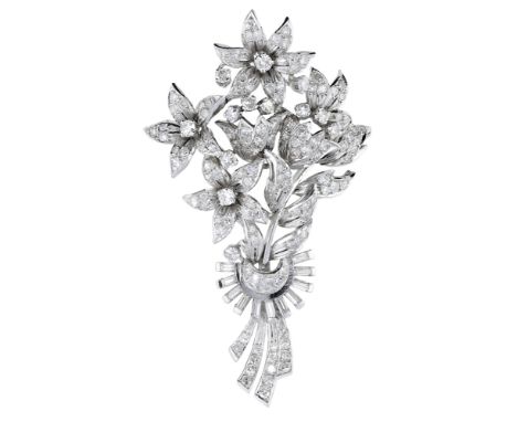 A mid 20th century diamond spray brooch, the foliate spray set throughout with a combination of brilliant-cut and single-cut 