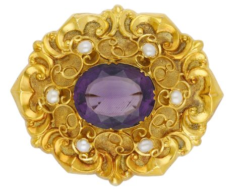A 19th century gold amethyst brooch, of hollow form, centred with a raised oval mixed-cut amethyst, within pearl set scrollin