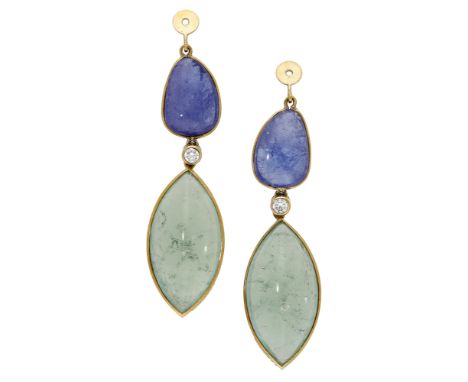 A pair of tanzanite and beryl ear pendants by Leo de Vroomen, 2012, comprising a polished tanzanite bead surmount spaced by a