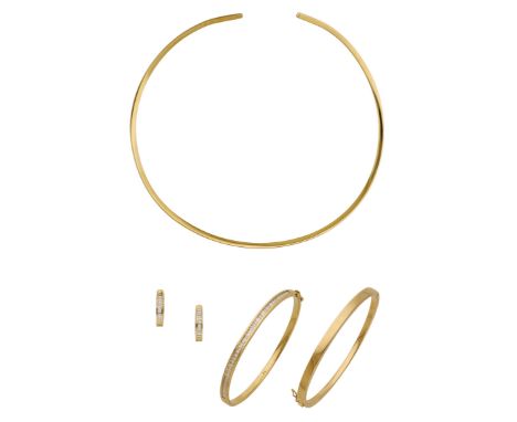 A torque necklace, bangle and earrings suite, the torque necklace of plain slender design, the two hinged bangles of conformi