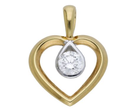 A diamond pendant, the openwork heart collet-set with a brilliant-cut diamond within, mounted in 18ct bicoloured gold, London