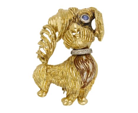 An 18ct gold novelty dog brooch, 1966, with textured fur, diamond set colour and single sapphire eye, enamel loss to his ches