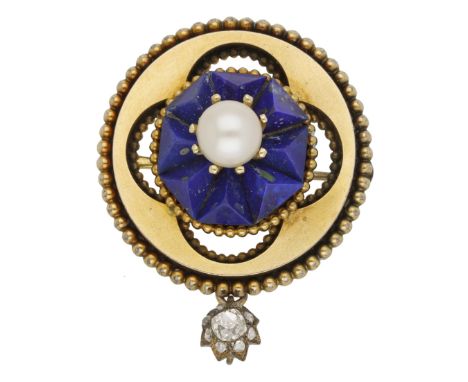 A gem-set brooch, 19th century and later, the circular gold brooch with carved lapis lazuli and cultured pearl centre, to an 