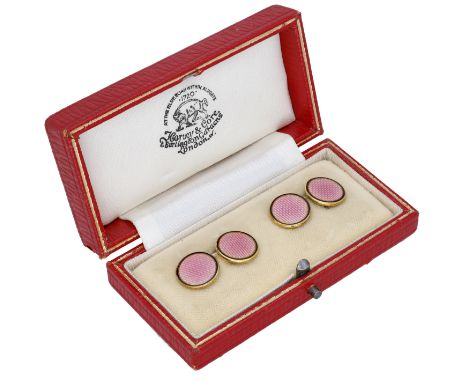 A pair of 9ct gold enamel cufflinks by Deakin & Francis, 1989, the pink guilloche enamelled circular panels edged with black 