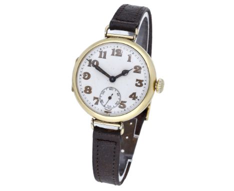 Longines: A gold trench watch, circa 1924. Movement: manual winding, 16 jewels. Dial: white enamel,  Arabic numerals, subsidi
