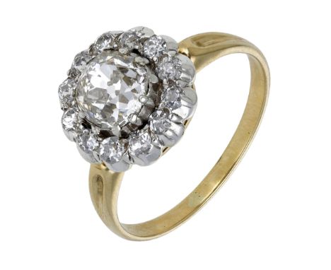 A diamond cluster ring, the old brilliant-cut diamond weighting 1.20 carats, within a similarly-cut diamond surround, total d