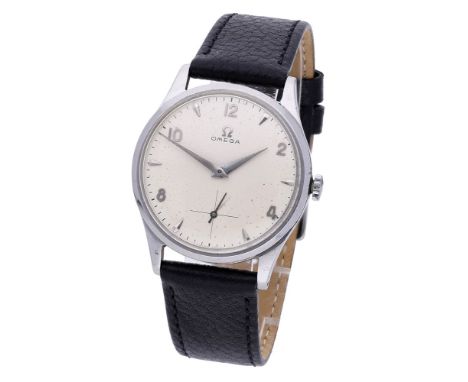 Omega. A stainless steel wristwatch, circa 1954. Movement: cal. 266, manual winding, 17 jewels, no. 14479216. Dial: silvered,