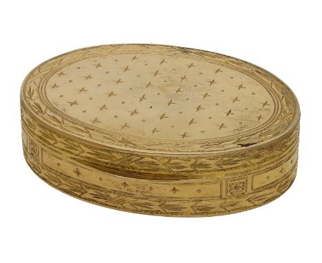 A French 19th century silver gilt oval snuff box, engine-turned with repeating spaced star motifs and with borders of stylise