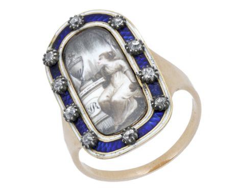 A late 18th century memorial ring, the oblong shaped panel centred with a glazed en grisaille funerary scene painted on ivory