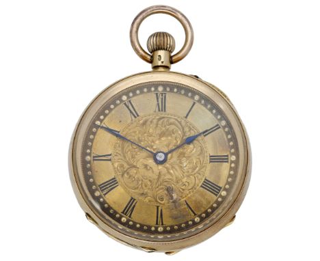 Swiss. A gold open-faced keyless watch, circa 1890. Movement: cylinder escapement. Dial: gilt, Roman numerals, engine-turned 