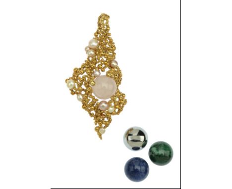 A Swiss cultured pearl brooch/pendant by Gilbert Albert, circa 1960, the granulated brooch formed of textured and polished be