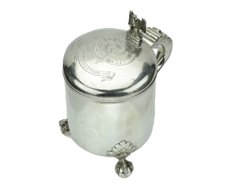 Of Regimental interest: A Victoria silver peg tankard for the Scots Greys, the lid engraved with thistle within a motto-beari