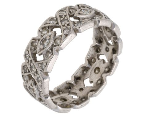 A diamond band ring, of pierced geometric design set throughout with single-cut diamonds, total diamond weight approximately 