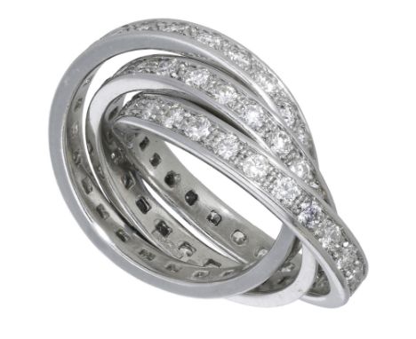 A platinum diamond Trinity ring, 2016, each band set throughout with brilliant-cut diamonds, Sheffield hallmark, maker’s mark