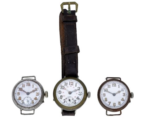 Swiss. A chrome plated trench watch and two further trench watches, circa 1917. Movement: manual winding, lever escapement. D