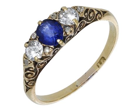 A late 19th century sapphire and diamond three stone ring, the oval-cut sapphire between two old brilliant-cut diamonds, to a