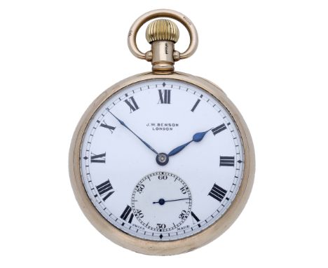 J. W. Benson. A gold open-faced keyless watch, 1928. Movement: gilt, lever escapement, 15 jewels. Dial: white enamel, white e