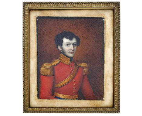 A 19th century half length portrait miniature depicting an officer of the 2nd Dragoon Guards (The Queen’s Bays), circa 1850, 