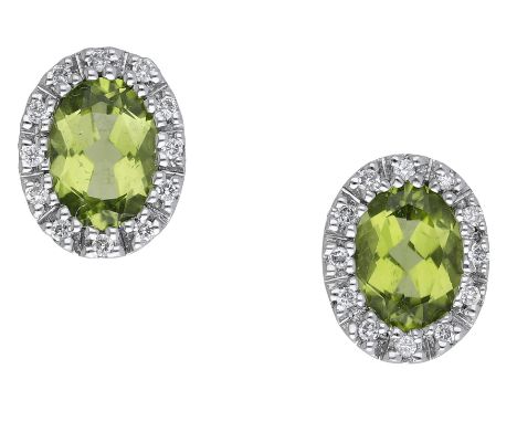 A pair of peridot and diamond cluster ear studs, the oval-cut peridots set within a surround of brilliant-cut diamonds, stamp